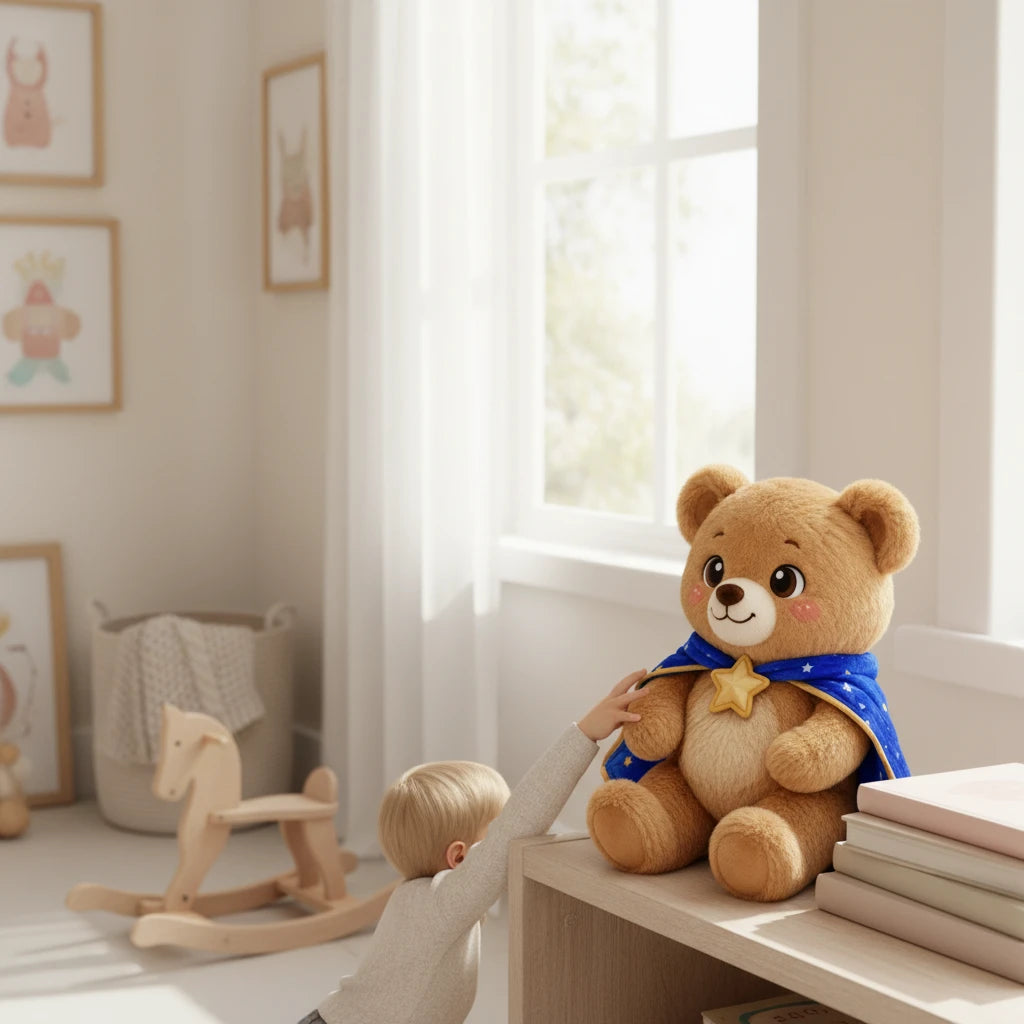 Sea Dragon Dreams plush bear pillow with a blue starry cape and golden star clasp sitting on a nursery shelf