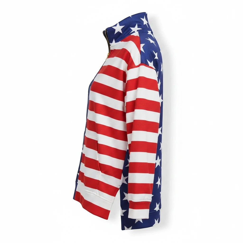 Sea Dragon Dreams women's patriotic quarter-zip pullover with American flag stars and stripes print and gold zipper.