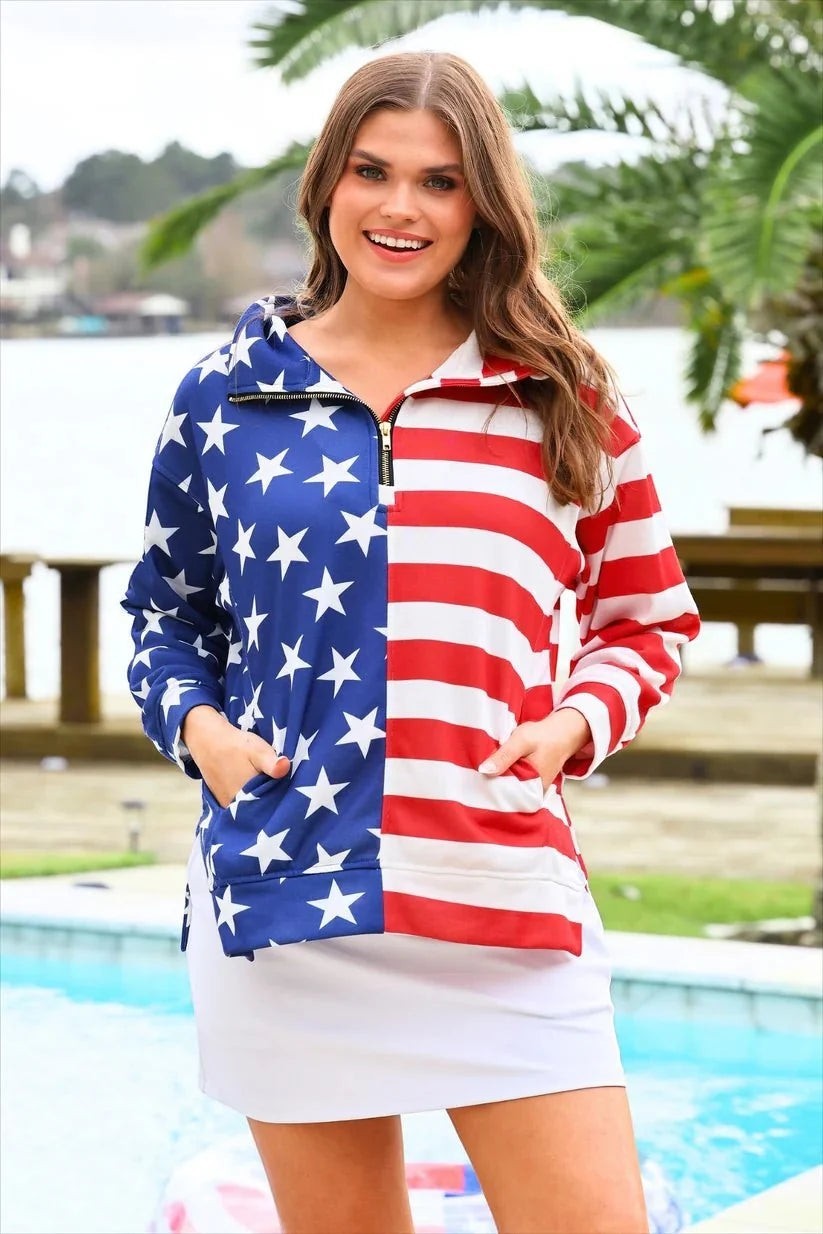 Sea Dragon Dreams women's patriotic quarter-zip pullover with American flag print, gold zipper, and relaxed fit.
