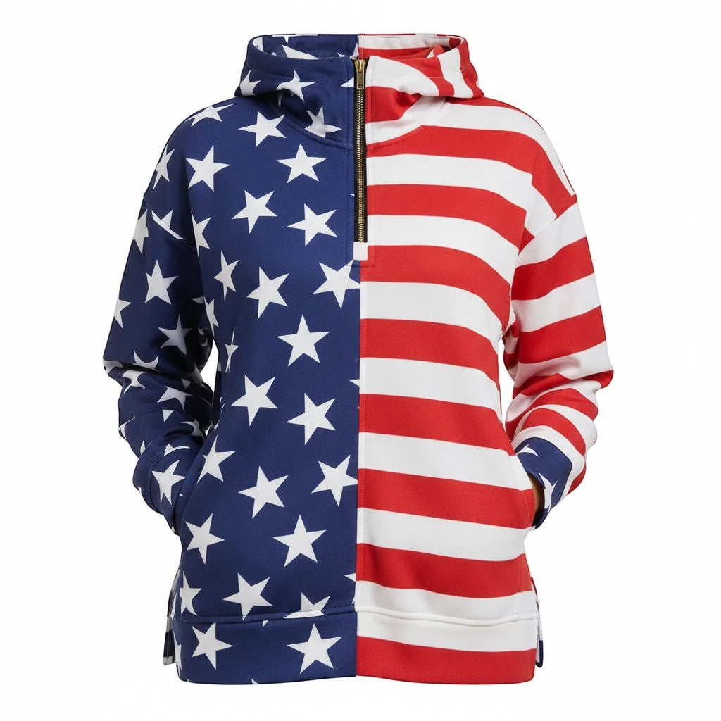 Sea Dragon Dreams women's patriotic stars and stripes quarter-zip pullover in lightweight polyester with gold zipper.