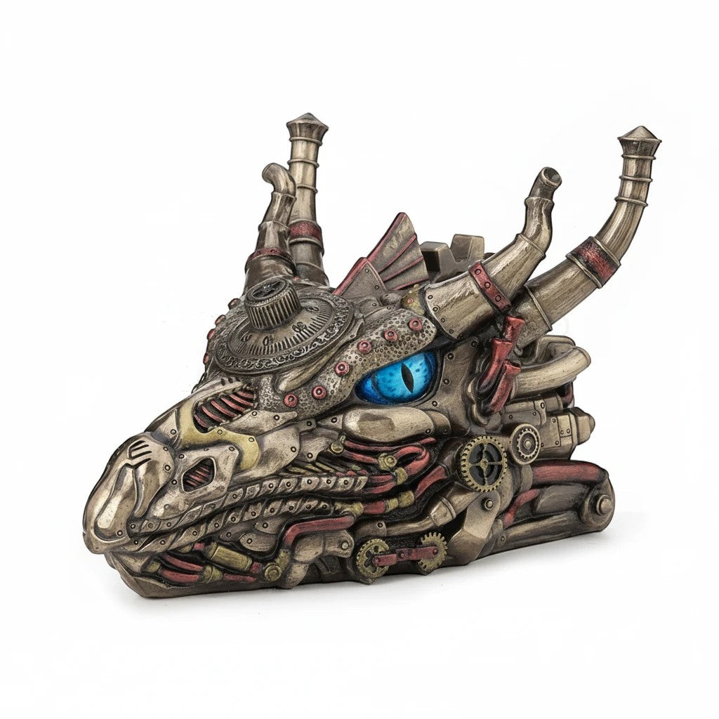 Sea Dragon Dreams steampunk dragon head keepsake box in cold-cast bronze with mechanical gears and bright blue eyes.