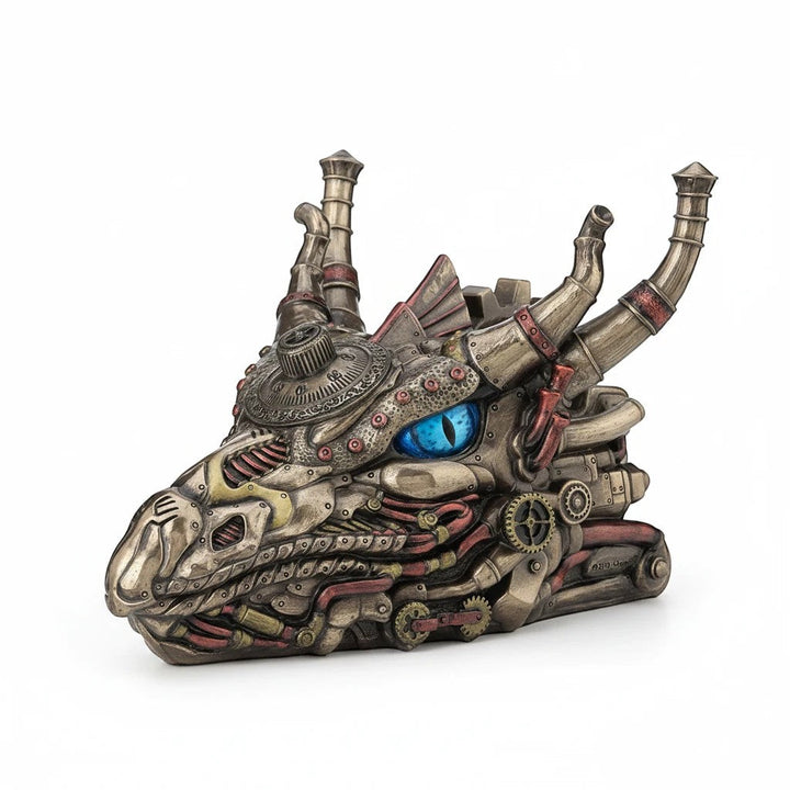 Sea Dragon Dreams steampunk dragon head keepsake box in bronze and copper with mechanical gears and blue eyes.