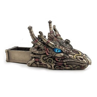 Sea Dragon Dreams steampunk dragon head keepsake box in cold-cast bronze with blue eyes and mechanical gear details.