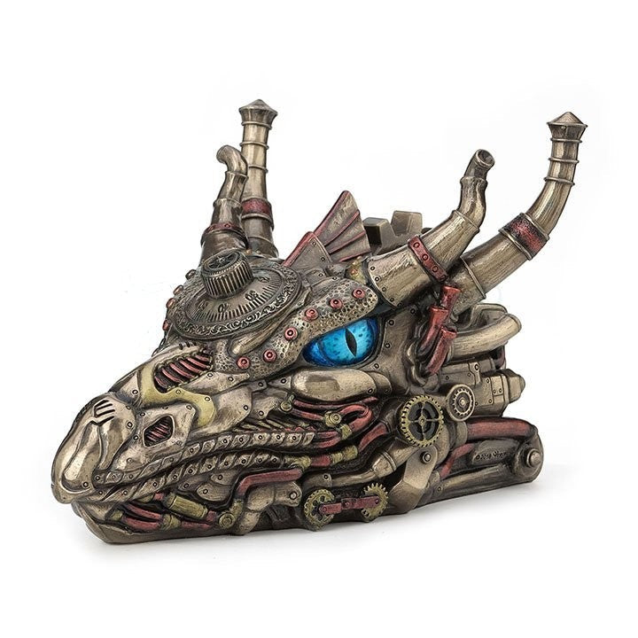 Sea Dragon Dreams steampunk dragon head keepsake box in bronze and copper with mechanical gears and bright blue eyes.