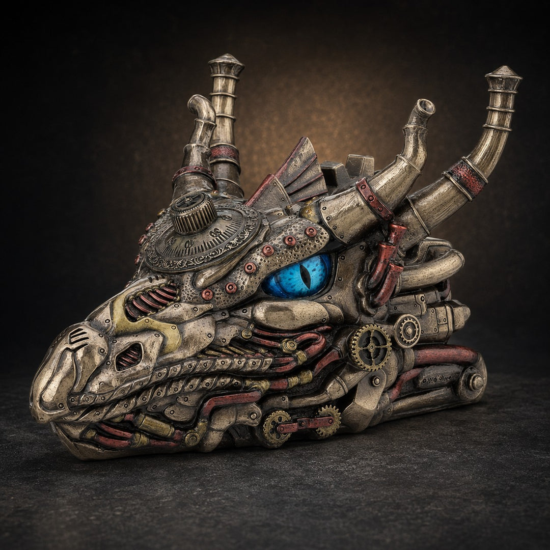 Sea Dragon Dreams steampunk dragon head keepsake box in bronze and copper with blue eyes and mechanical gear details.
