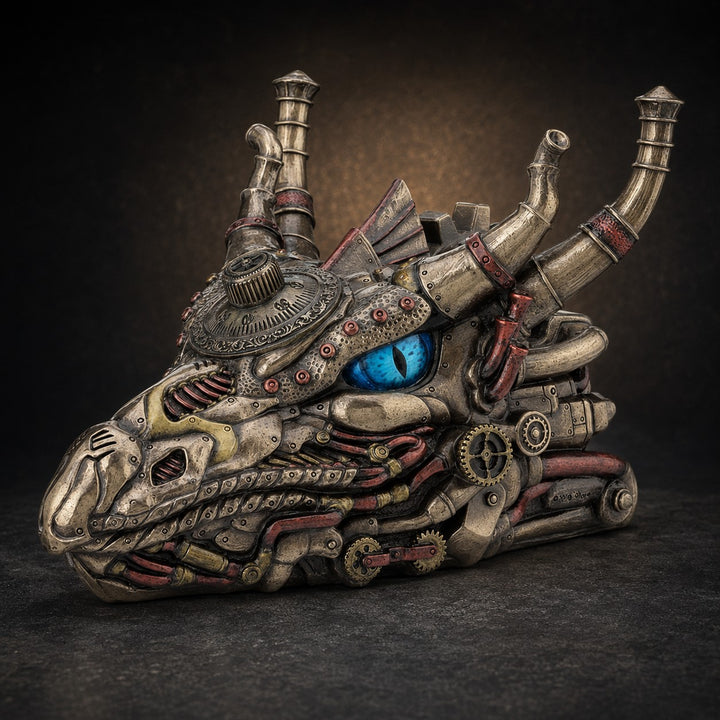 Sea Dragon Dreams steampunk dragon head keepsake box in bronze and copper with blue eyes and mechanical gear details.