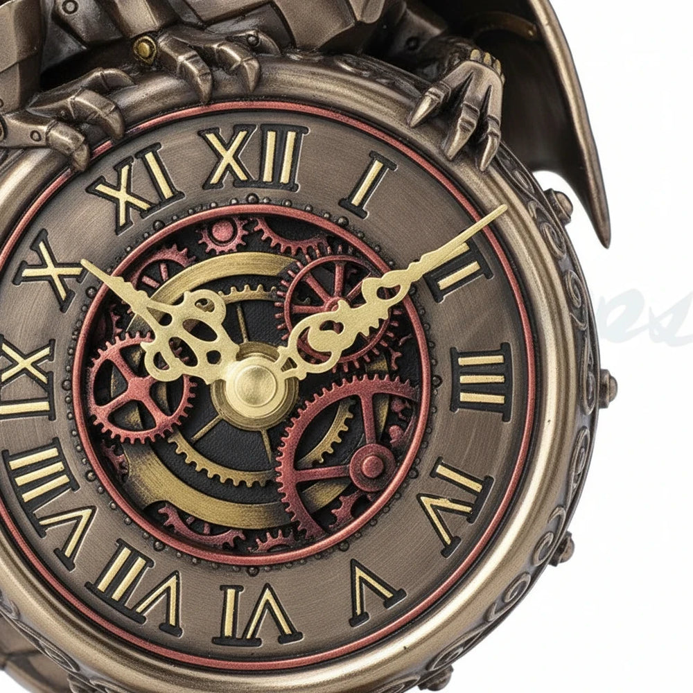 Sea Dragon Dreams steampunk dragon gear clock face with Roman numerals and intricate metallic bronze cogs and gears