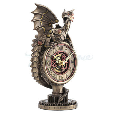 Sea Dragon Dreams steampunk dragon gear stand clock in cold-cast bronze with Roman numerals and industrial cog details.