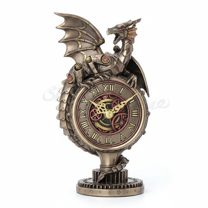 Sea Dragon Dreams steampunk dragon gear stand clock in cold-cast bronze with Roman numerals and intricate mechanical cogs