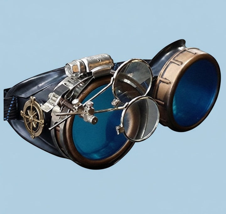 Sea Dragon Dreams handmade Victorian steampunk goggles with blue lenses, bronze-tone finish, and removable loupe.