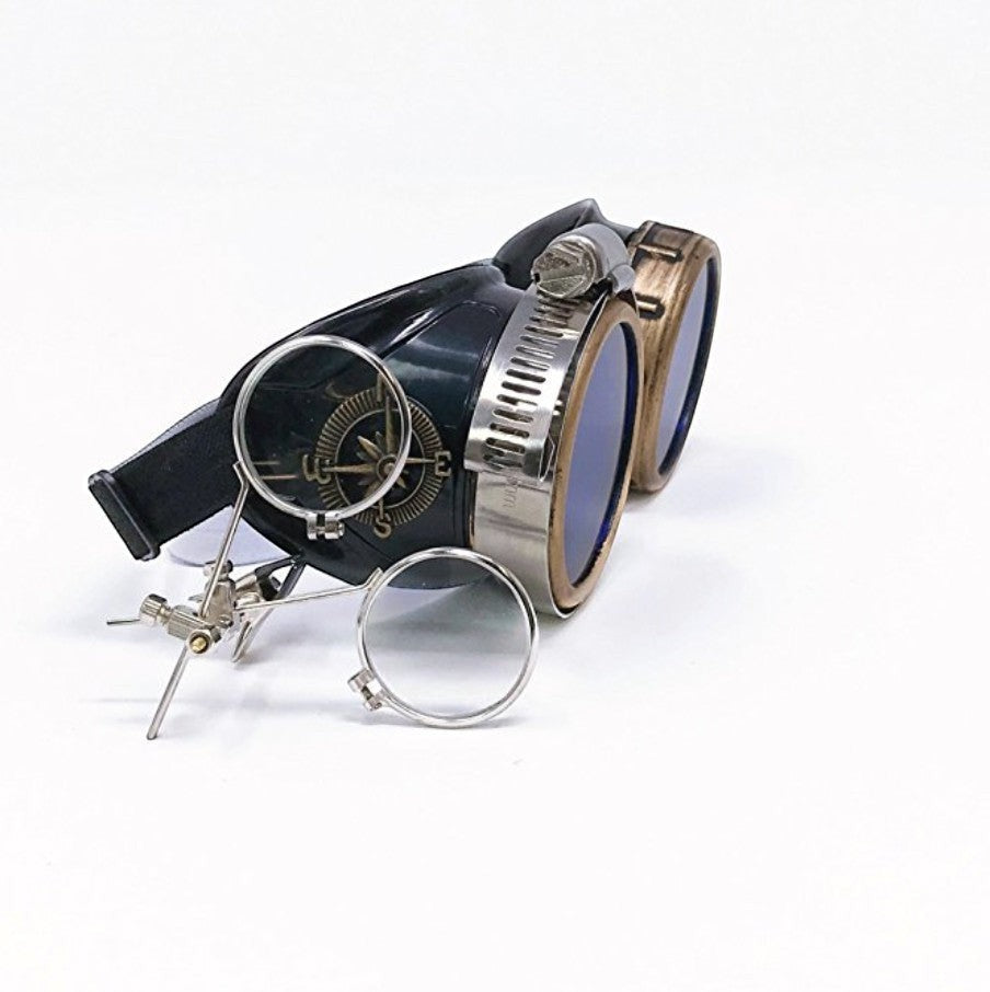 Sea Dragon Dreams handmade Victorian steampunk goggles with blue lenses, bronze-tone finish, and removable loupe.