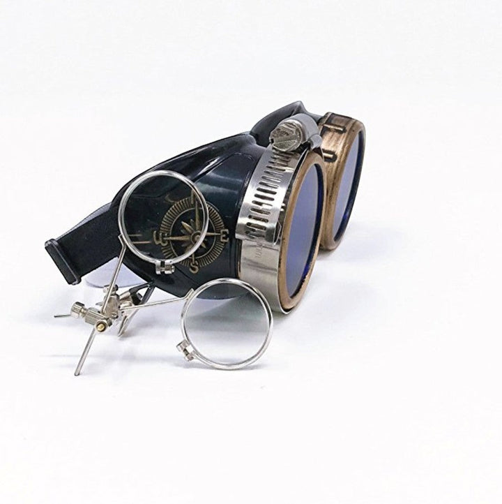 Sea Dragon Dreams handmade Victorian steampunk goggles with blue lenses, bronze-tone finish, and removable loupe.