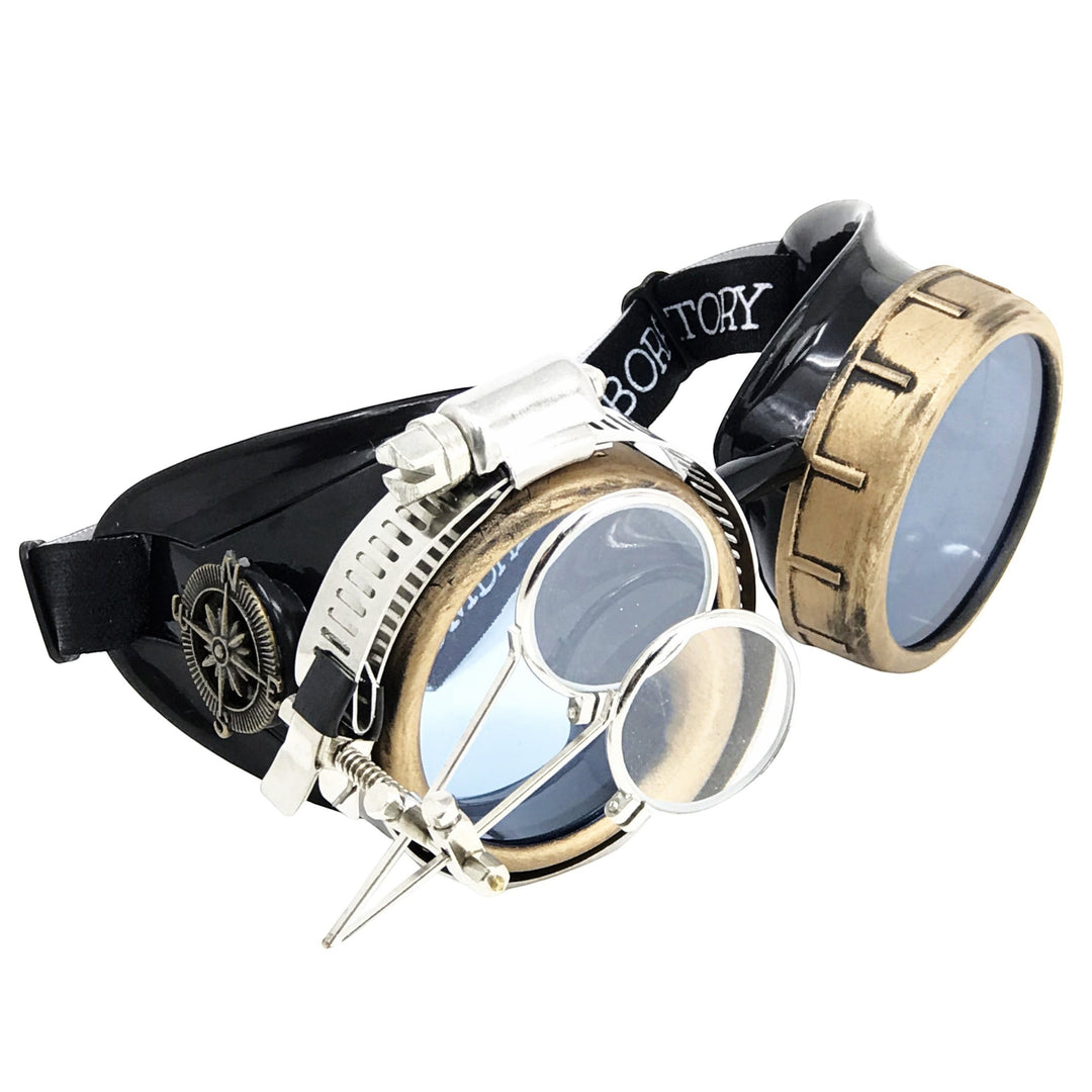 Sea Dragon Dreams handmade Victorian steampunk goggles with blue lenses, bronze-tone finish, and a removable loupe.