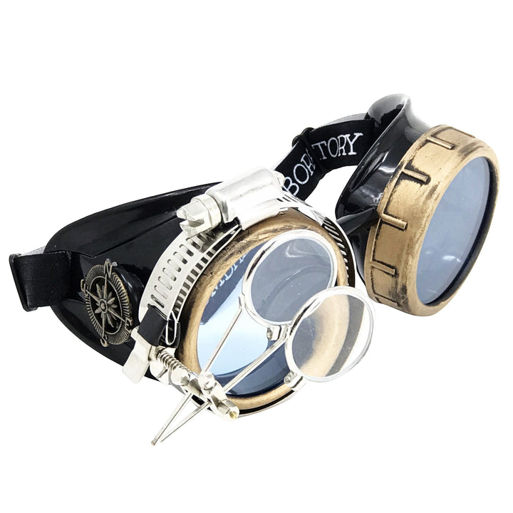 Sea Dragon Dreams handmade Victorian steampunk goggles with blue lenses, bronze-tone finish, and a removable loupe.