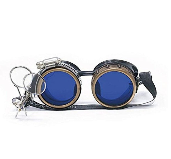 Sea Dragon Dreams handmade Victorian steampunk goggles with blue lenses, bronze-tone frame, and removable loupe.