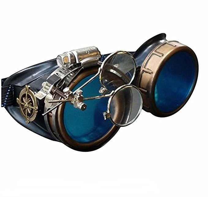 Sea Dragon Dreams handmade Victorian steampunk goggles with blue lenses, bronze-tone finish, and removable loupe.