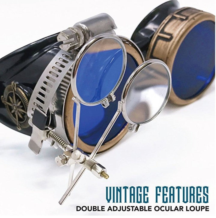 Sea Dragon Dreams handmade Victorian steampunk goggles with bronze-tone frames, blue lenses, and adjustable loupe.