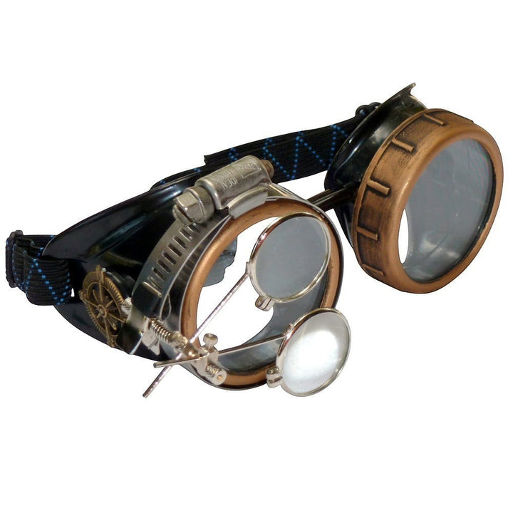 Sea Dragon Dreams handmade Victorian steampunk goggles with bronze-tone frames, clear lenses, and a removable loupe.