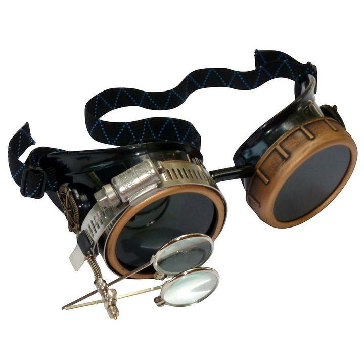Sea Dragon Dreams handmade Victorian steampunk goggles with bronze-tone finish, dark lenses, and a removable loupe.