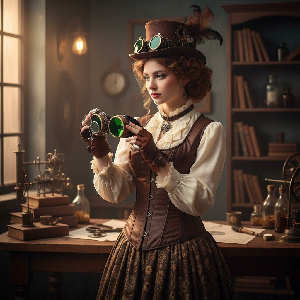 A woman in Victorian steampunk attire wearing Sea Dragon Dreams goggles with green lenses and a removable loupe.