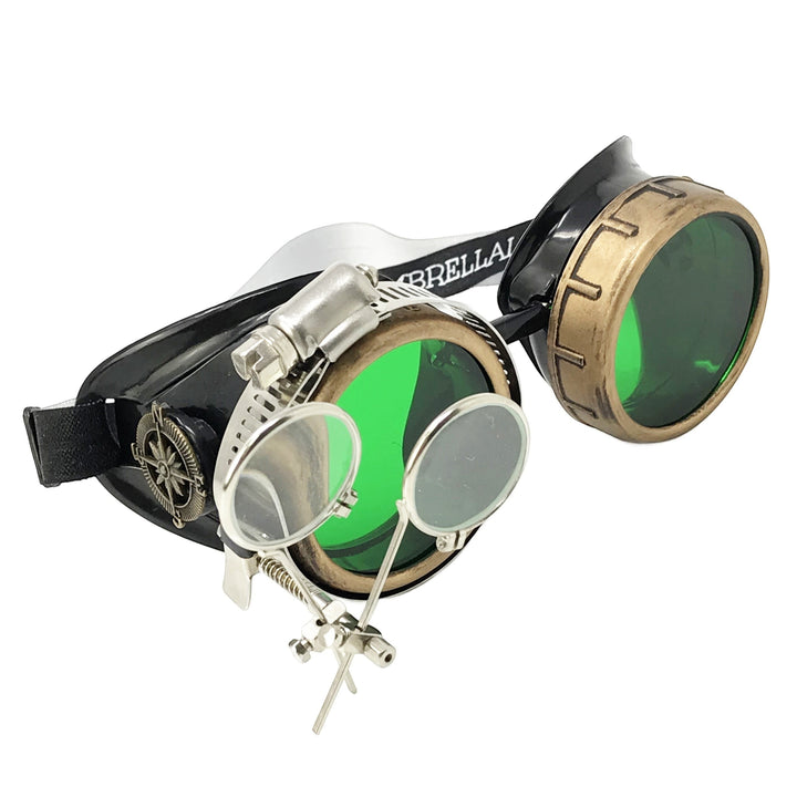 Sea Dragon Dreams handmade Victorian steampunk goggles with green lenses, bronze-tone finish, and removable loupe.