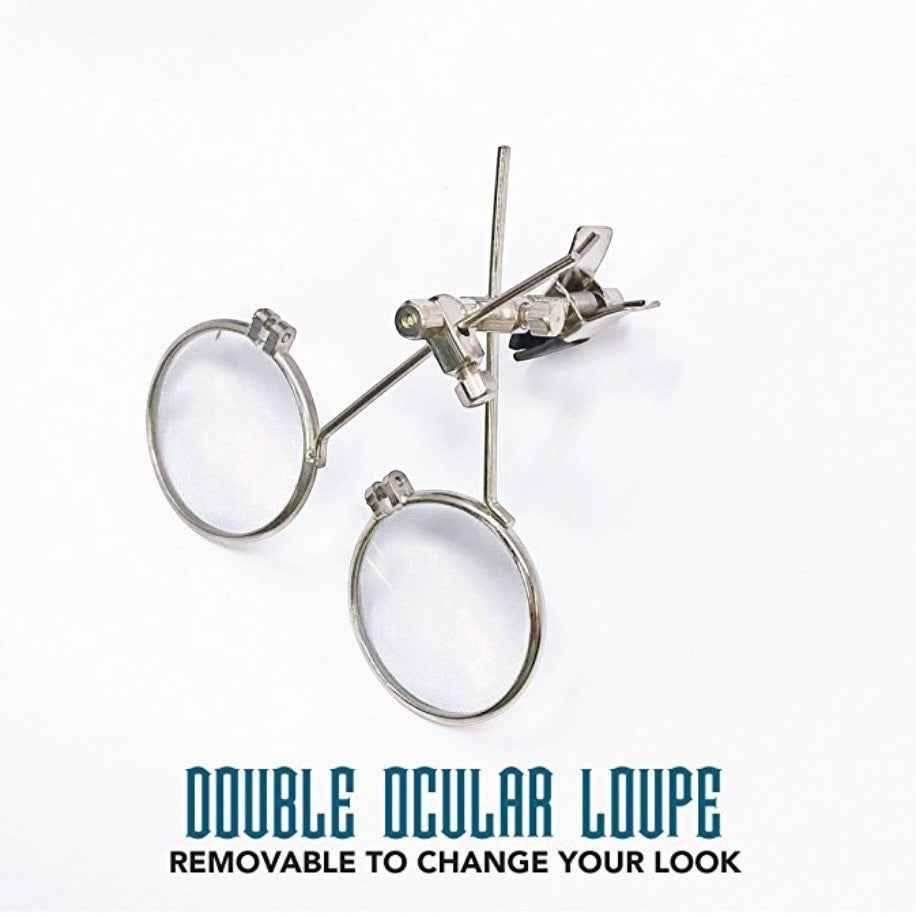 Sea Dragon Dreams handmade Victorian steampunk goggles featuring a removable double ocular magnifying loupe accessory.