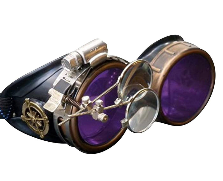 Sea Dragon Dreams handmade Victorian steampunk goggles with purple lenses, bronze-tone finish, and removable loupe.