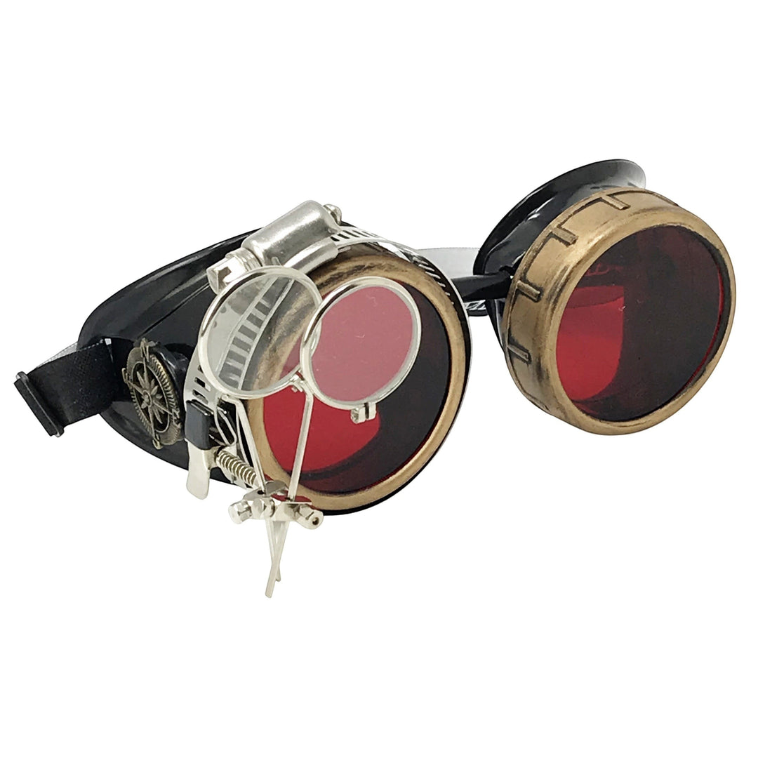 Sea Dragon Dreams handmade Victorian steampunk goggles with red lenses, bronze-tone finish, and removable loupe.