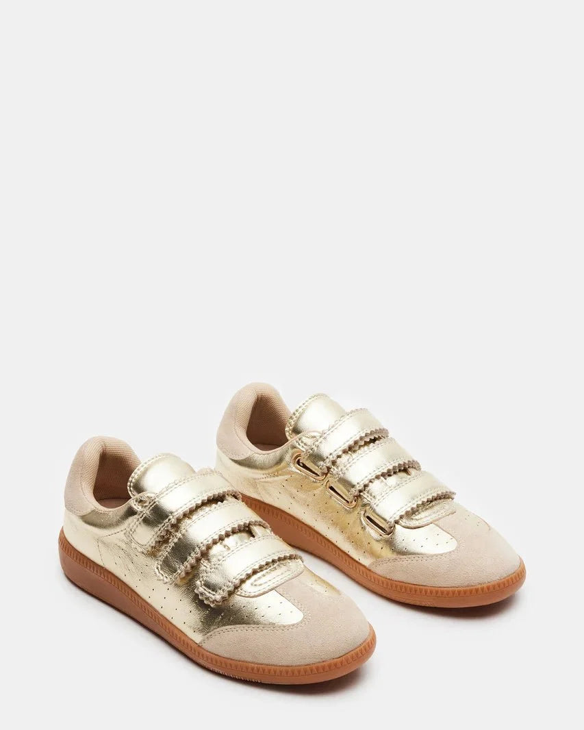 Sea Dragon Dreams Steve Madden Momentum gold metallic vegan leather and suede sneakers with hook and loop straps.