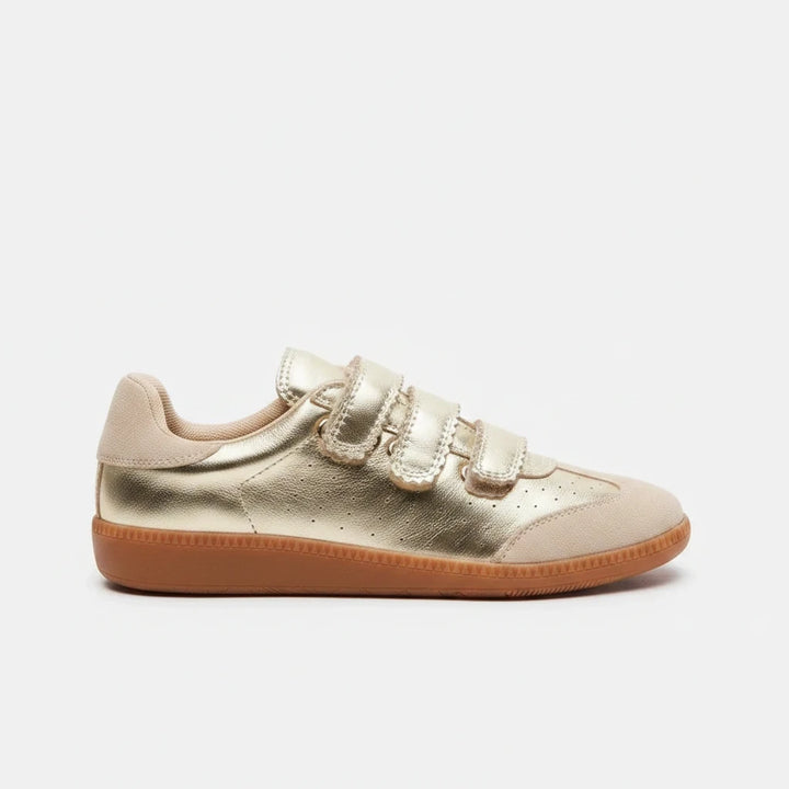 Sea Dragon Dreams Steve Madden Momentum gold metallic vegan leather sneakers with hook and loop straps and gum sole