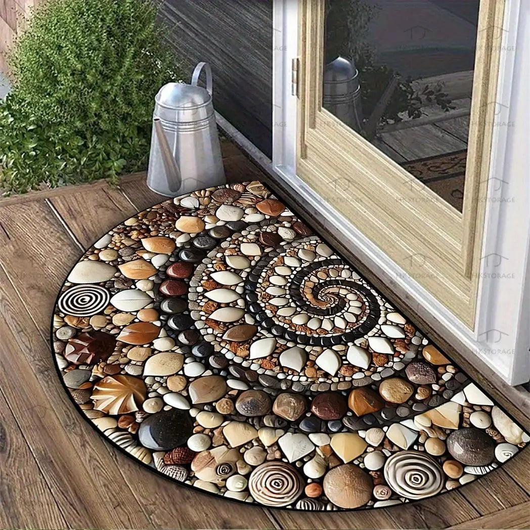 Sea Dragon Dreams half-circle doormat featuring a decorative stone and spiral pebble pattern on a wooden porch.