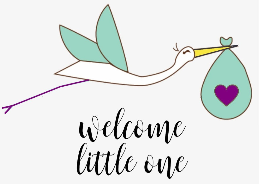 Sea Dragon Dreams stork illustration carrying a baby bundle with a heart, featuring the text Welcome little one.
