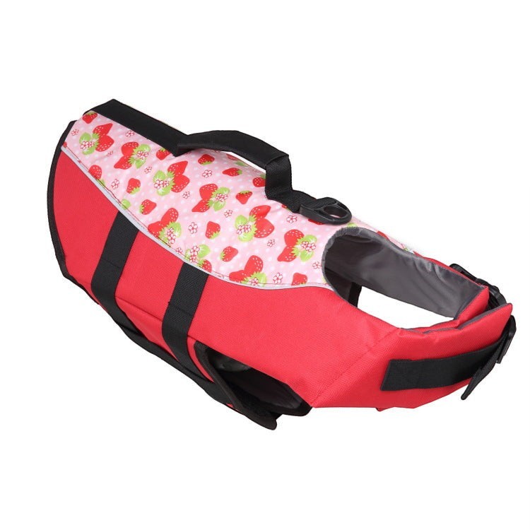 Sea Dragon Dreams dog life jacket in red with a pink strawberry pattern, featuring adjustable straps and a rescue handle
