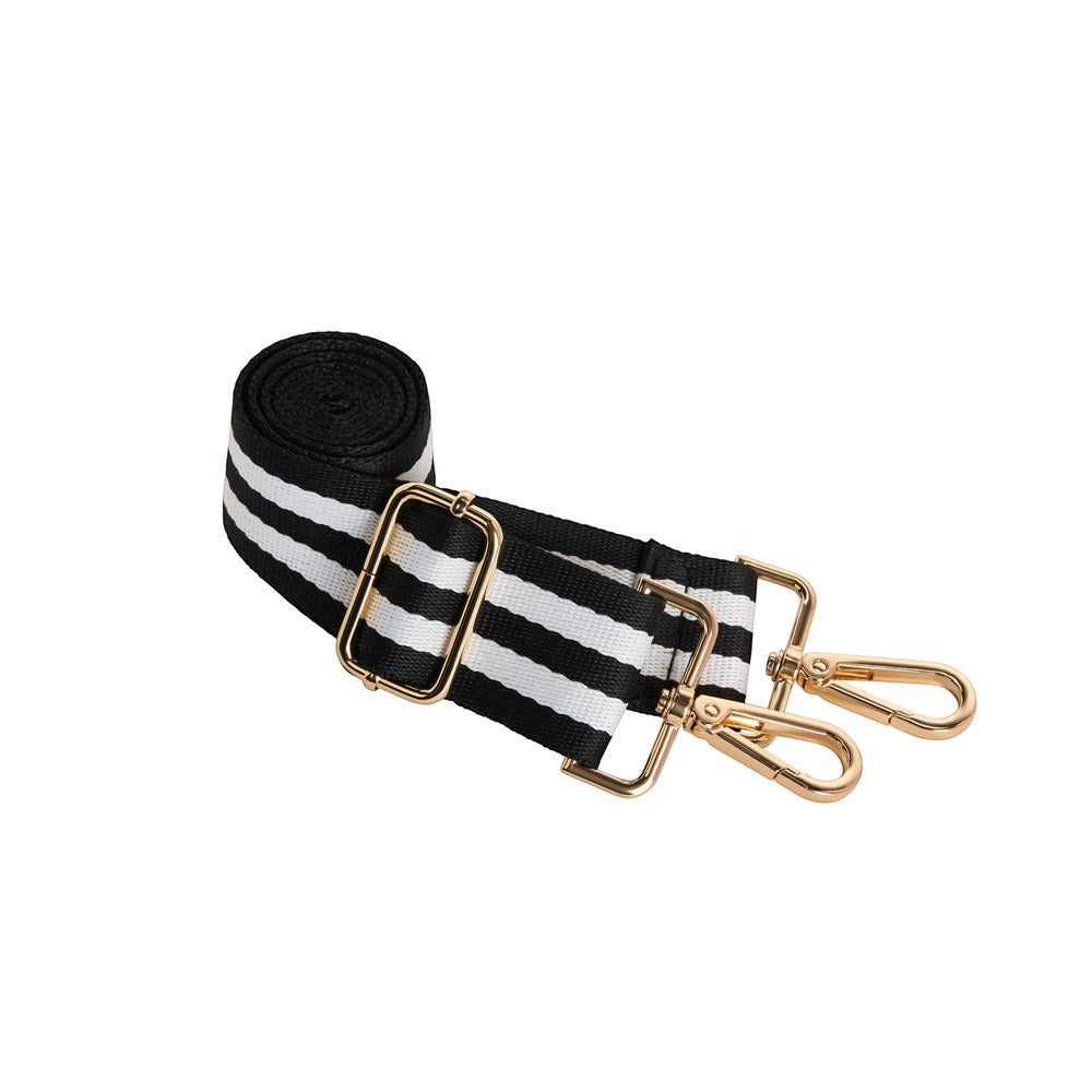 Sea Dragon Dreams black and white striped adjustable crossbody bag strap with gold-toned hardware clips.