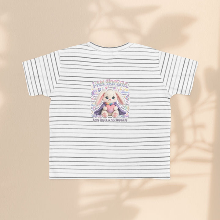 Sea Dragon Dreams toddler tee with grey stripes and a Hope Bunny graphic featuring the text I Am Hopeful.