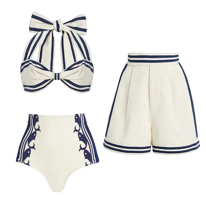 Sea Dragon Dreams navy and white striped halter bikini set with high-waisted bottoms and matching shorts
