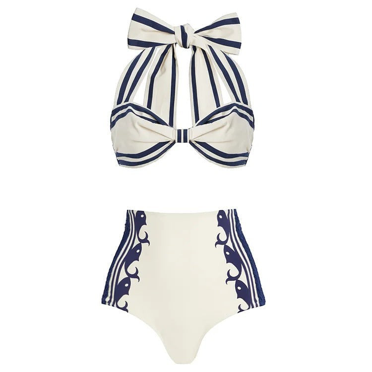 Sea Dragon Dreams navy and white striped high-waisted bikini with a halter top and bow detail.