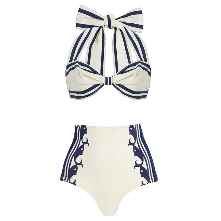 Sea Dragon Dreams navy and white striped high-waisted bikini with a halter top and bow detail.
