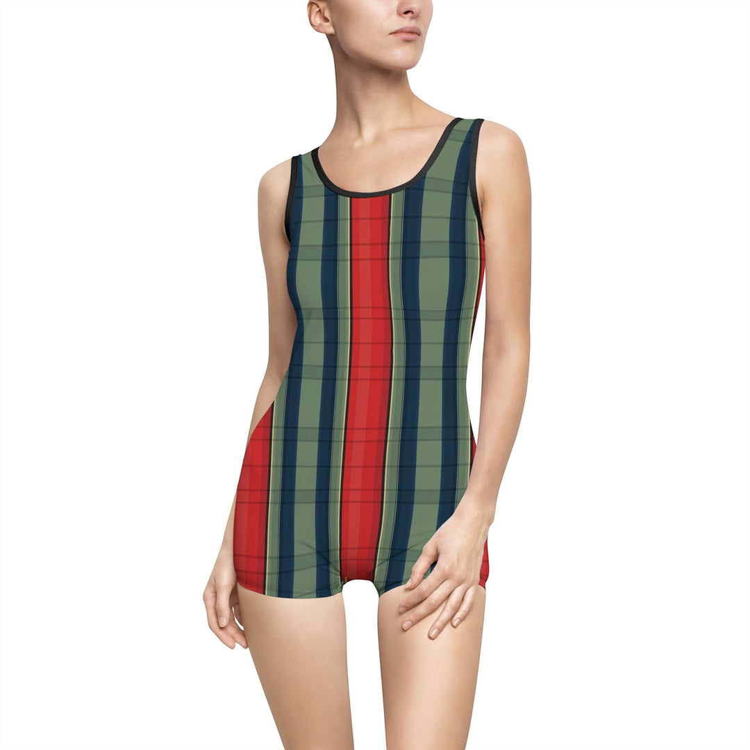 Sea Dragon Dreams retro one-piece swimsuit with red and green vertical stripes and boyshort bottoms on a model.
