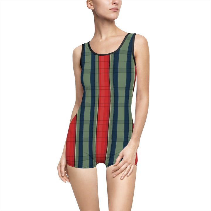 Sea Dragon Dreams retro one-piece swimsuit with red and green vertical stripes and boyshort bottoms on a model.