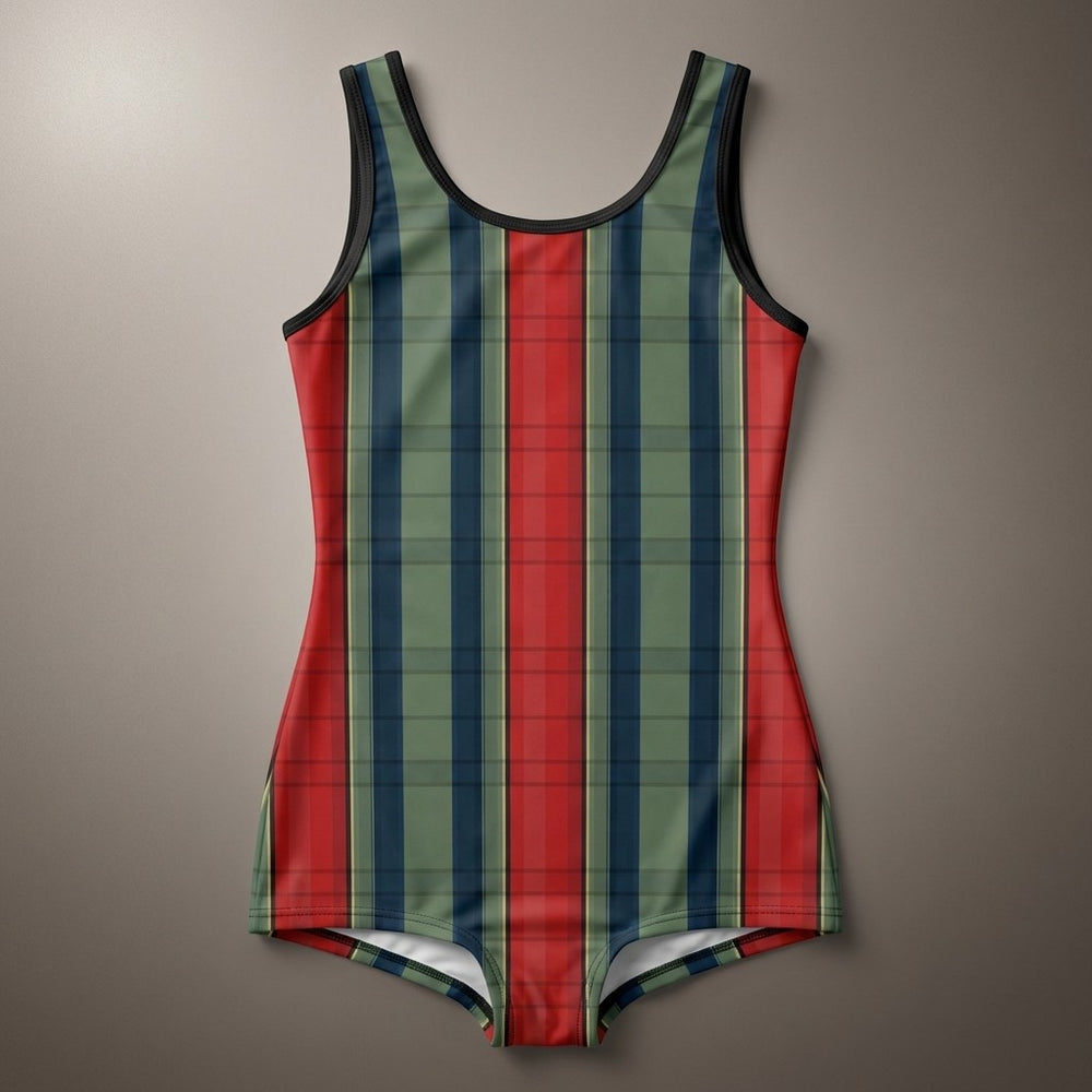 Sea Dragon Dreams women's retro one-piece swimsuit featuring a vibrant red and green vertical striped pattern.