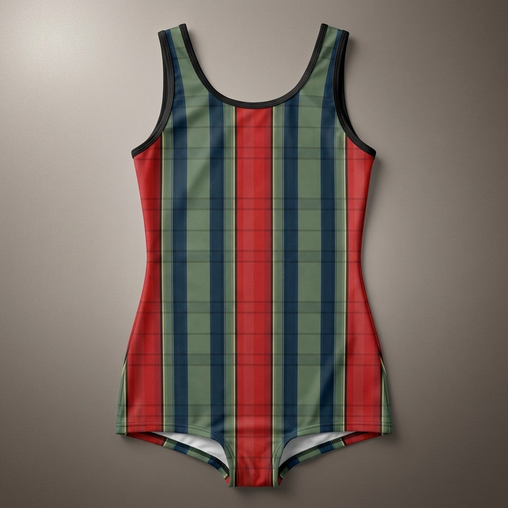 Sea Dragon Dreams women's retro one-piece swimsuit featuring a vibrant red and green vertical striped pattern.