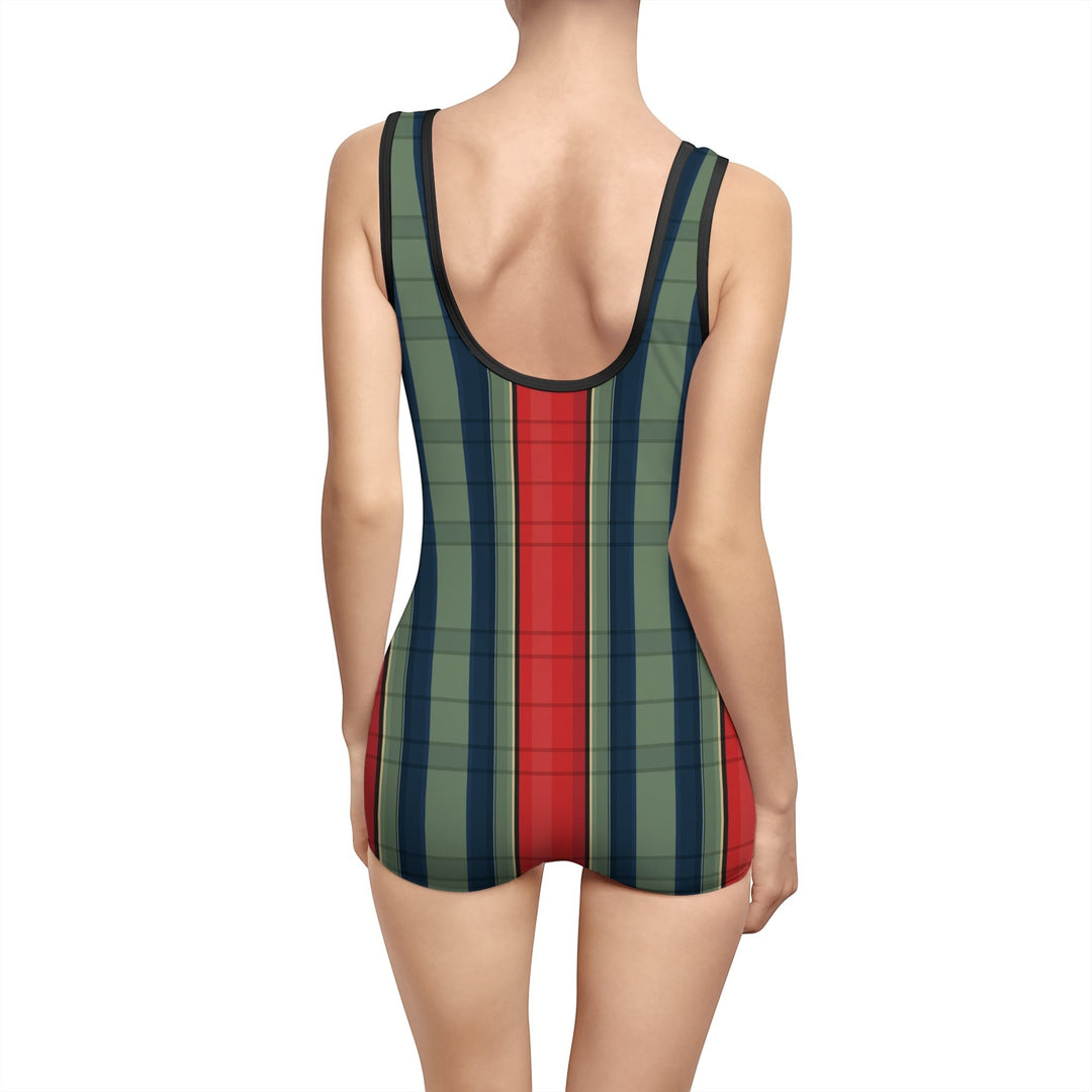 Sea Dragon Dreams women's retro one-piece swimsuit with red and green vertical stripes and a deep U-back design.