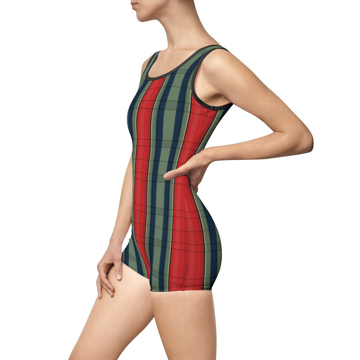 Sea Dragon Dreams women's retro one-piece swimsuit with red and green vertical stripes and boyshort bottoms.