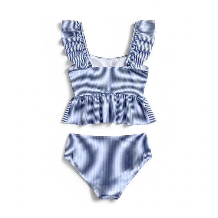 Sea Dragon Dreams blue and white striped two-piece bikini with ruffled straps and a peplum top on a white background.