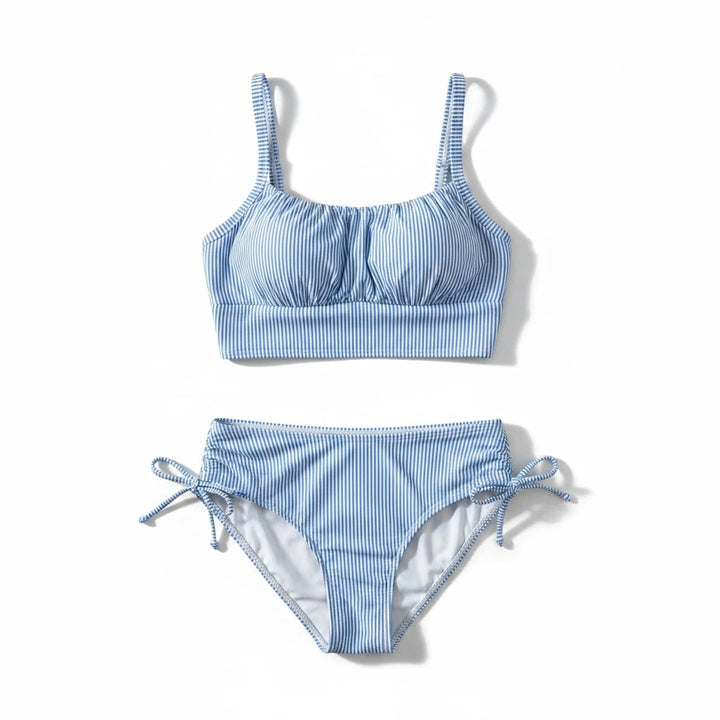Sea Dragon Dreams blue and white striped pleated bikini set with tie-side bottoms and a comfortable crop top.