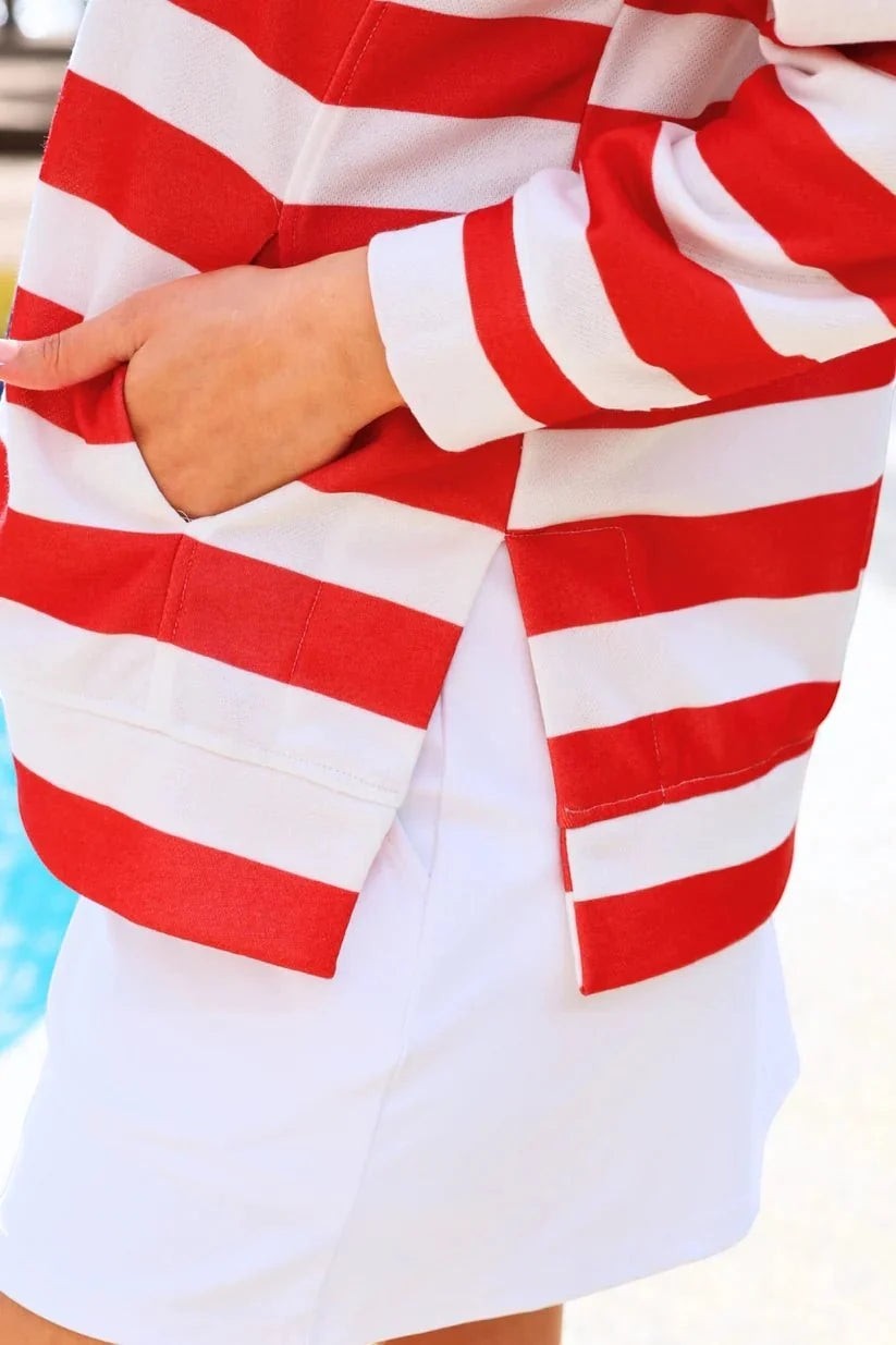 Sea Dragon Dreams red and white striped quarter-zip pullover with side slits and a front pocket