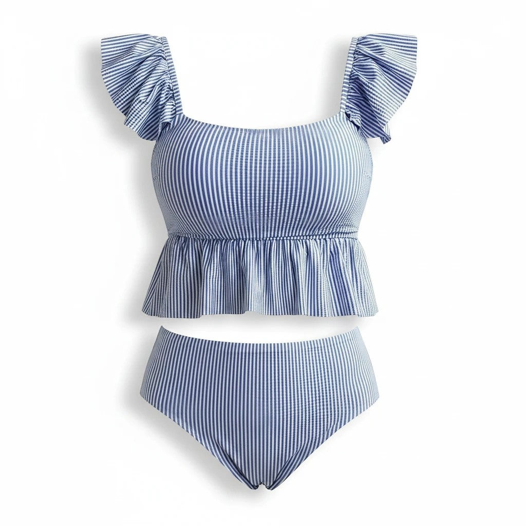Sea Dragon Dreams blue and white striped two-piece bikini with ruffled sleeves and a peplum top in stretch fabric.