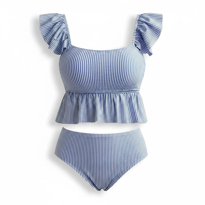 Sea Dragon Dreams blue and white striped two-piece bikini with ruffled sleeves and a peplum top in stretch fabric.