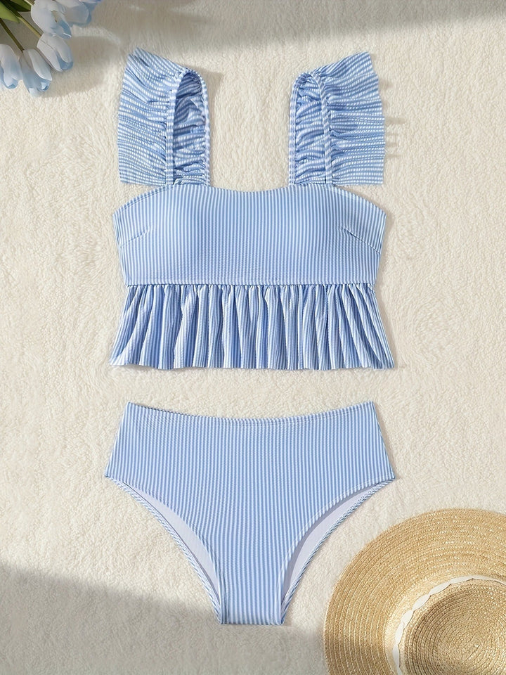 Sea Dragon Dreams blue and white striped two-piece bikini with ruffled shoulder straps and a peplum hem top.